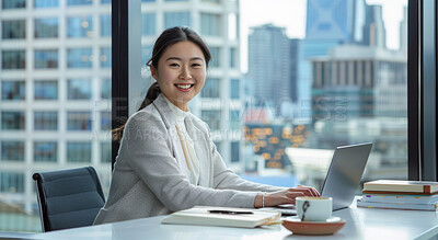 Asian woman, portrait and designer in office with laptop for ui design for creative company or agency and happy for career. Girl and digital technology for prototyping, wireframing and interface work