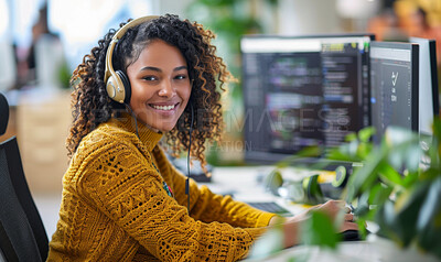 Tech support, portrait and woman with headset, computer and consultant in customer service for IT. Help desk, telecom and happy face of virtual assistant at callcenter with software code in office