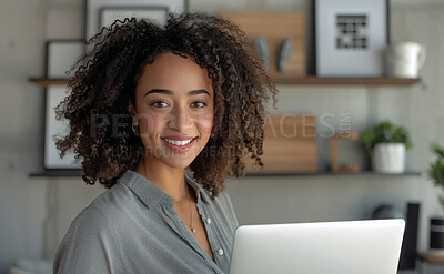 Black woman, laptop and portrait in office for business job working on report or company project and professional. Female employee, corporate worker and happy in workplace for career in finance.