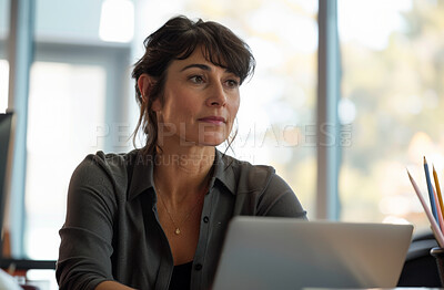 Woman, office and laptop with stress, thinking and anxiety for workplace deadline. Investment consultant, technology and finance with project, proposal and frustrated with online 404 web glitch