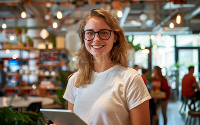 Girl, portrait and happy with tablet in restaurant for digital or electronic orders with online menu. Woman, technology and coffee shop for working part time or volunteer on weekend and hospitality.