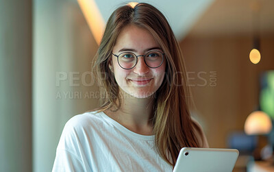 Portrait, smile and tablet with designer woman in office for creative career or start of online project. Face, social media and startup with happy small business employee in workplace for design