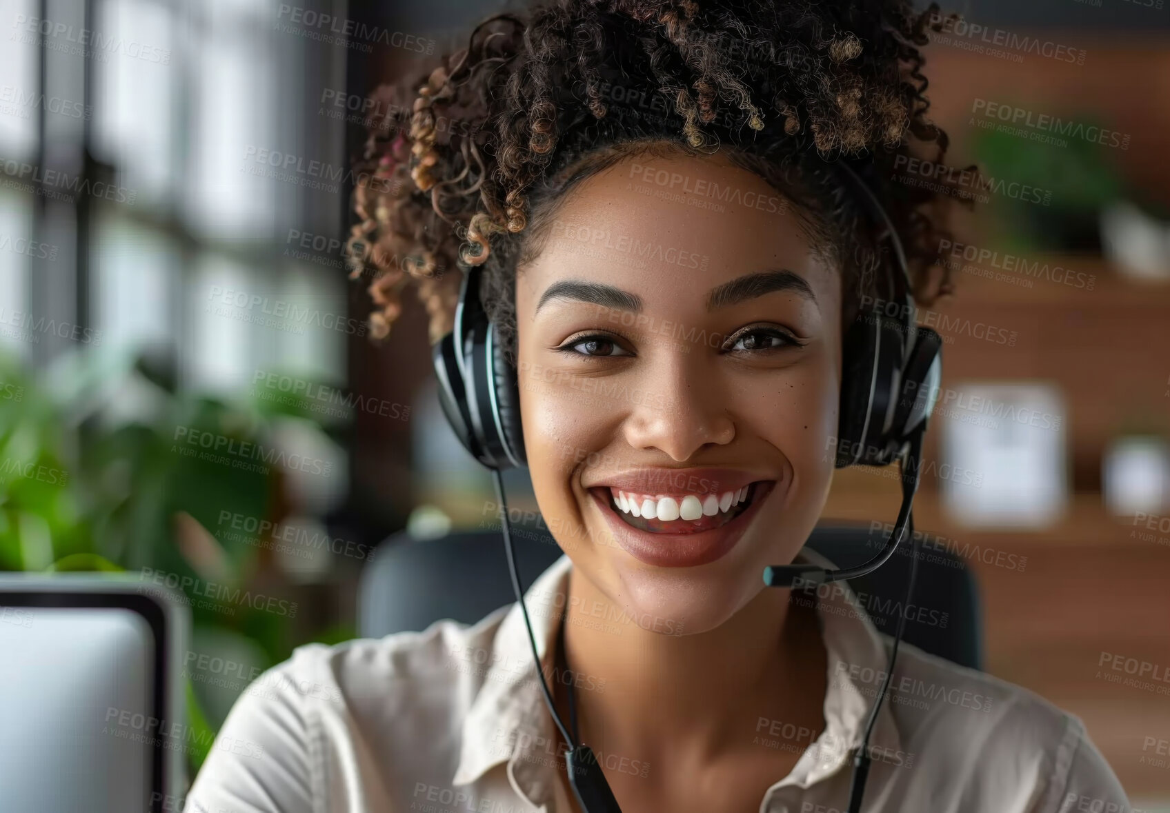 Buy stock photo Black woman, headset and office portrait in call centre, telemarketing and agent or consultant in workspace. Telesales, career and telemarketer in customer support, communication service for business