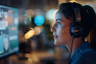 Headphones, night and woman on computer in office for web development or programming online. Technology, career and female coder working on desktop for building software in workplace for overtime.