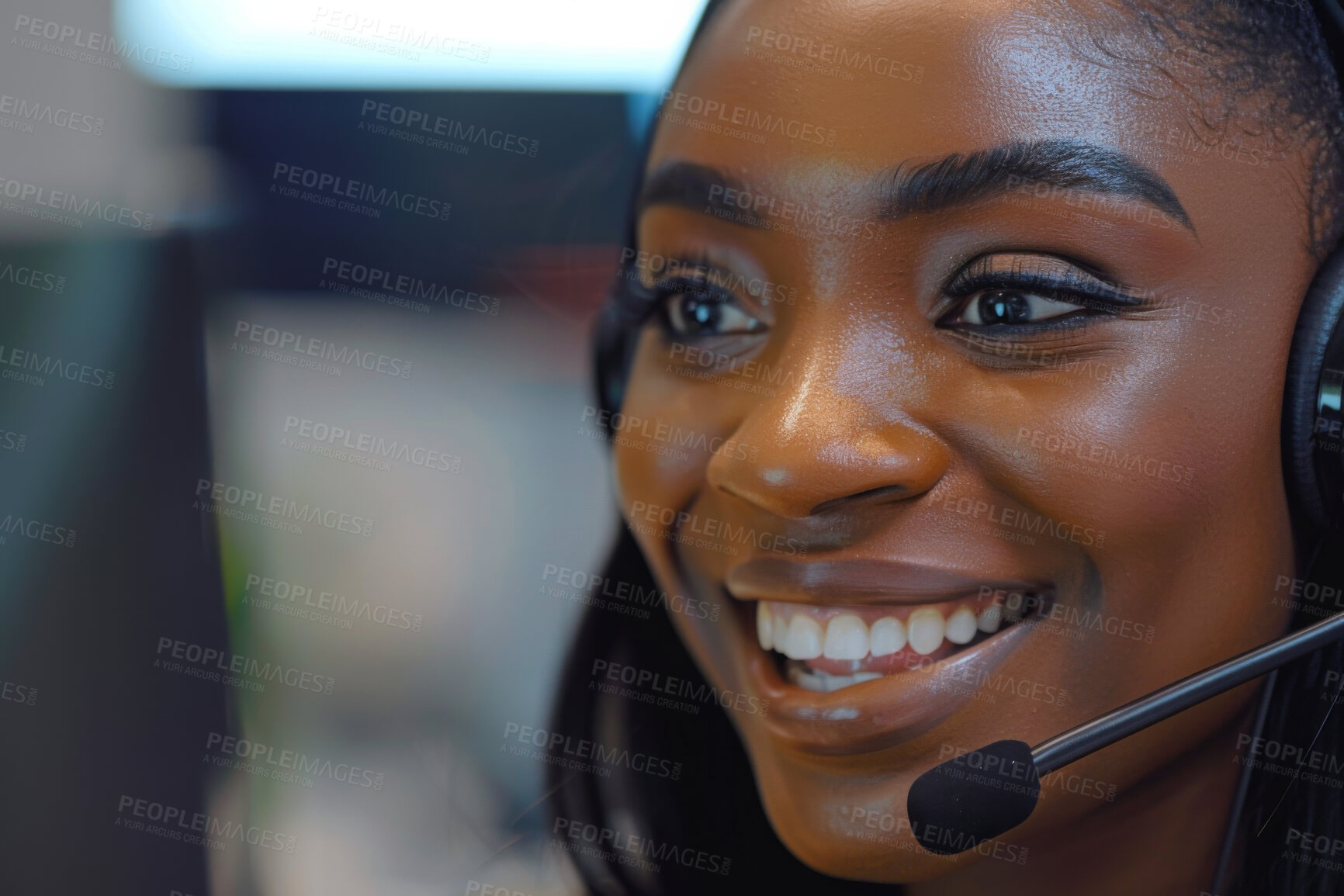 Buy stock photo African businesswoman and headset for telemarketer in call centre, agent or consultant in workspace or telesales. Advice, career and telemarketing for customer support, communication or help service