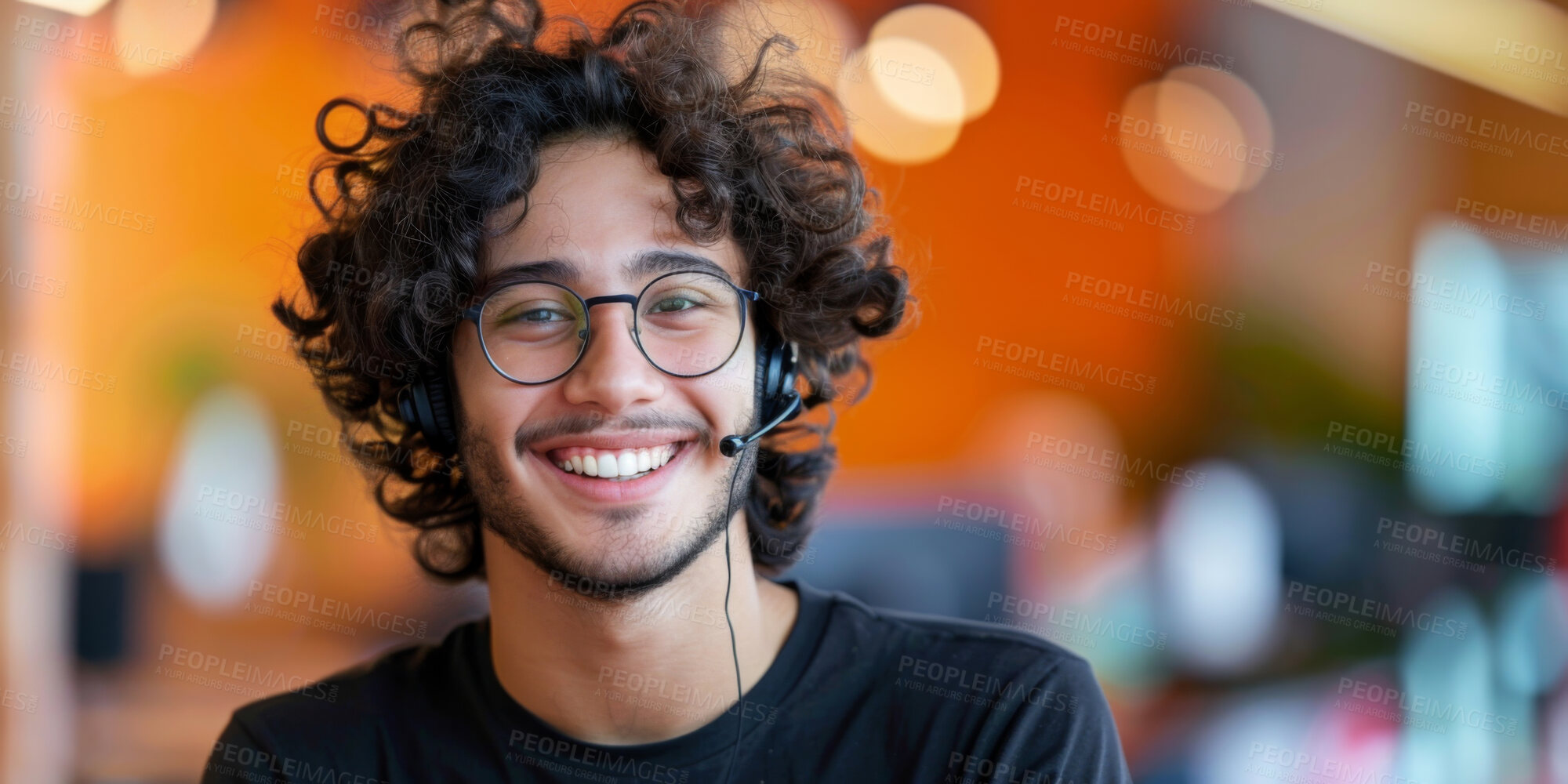 Buy stock photo Telemarketing, portrait and man with headset in office for CRM, customer support or consultant. Call center, bokeh and help desk agent with smile for happiness, service or contact us in workplace