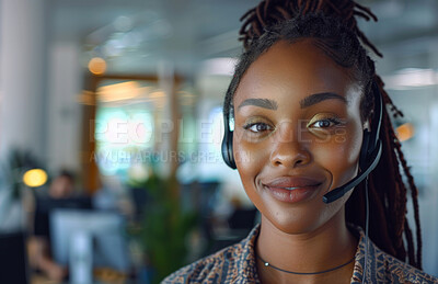 Black woman, portrait and call center for telecom with smile, CRM and contact voter registration help desk agent in the workplace. Technical support, advice and customer service with voting helpline