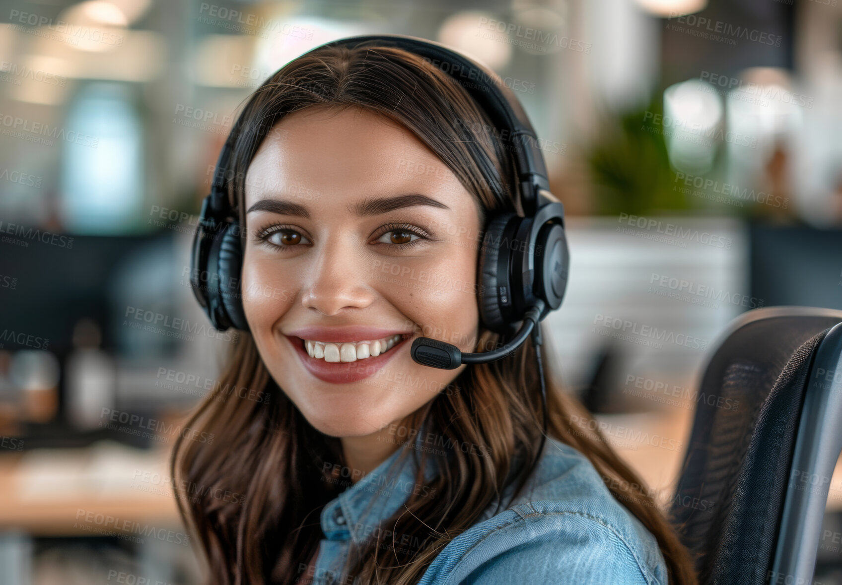 Buy stock photo Telemarketing, portrait and woman with headset in office for CRM, customer service or consultant. Call center, bokeh and help desk agent smiling for happiness, assistance or contact us in workplace