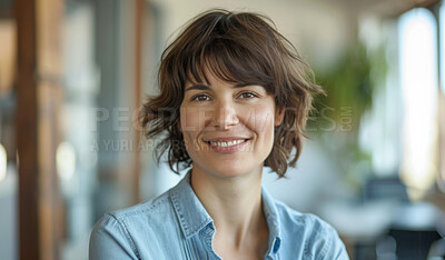 Buy stock photo Woman, office and copywriter for smile, portrait and planning for New York coworking. Happy manager, confidence and workplace for creative training, experience or company for startup development