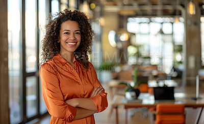 Business, work and portrait of woman with arms crossed for career, pride or joy at creative agency. Graphic designer, smile and face with happiness for job, brand development or positivity at company