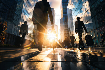 City, business people walking and flare with evening commute on sidewalk at sunset from back. Building, suitcase and travel with employee group in urban town for corporate or professional career