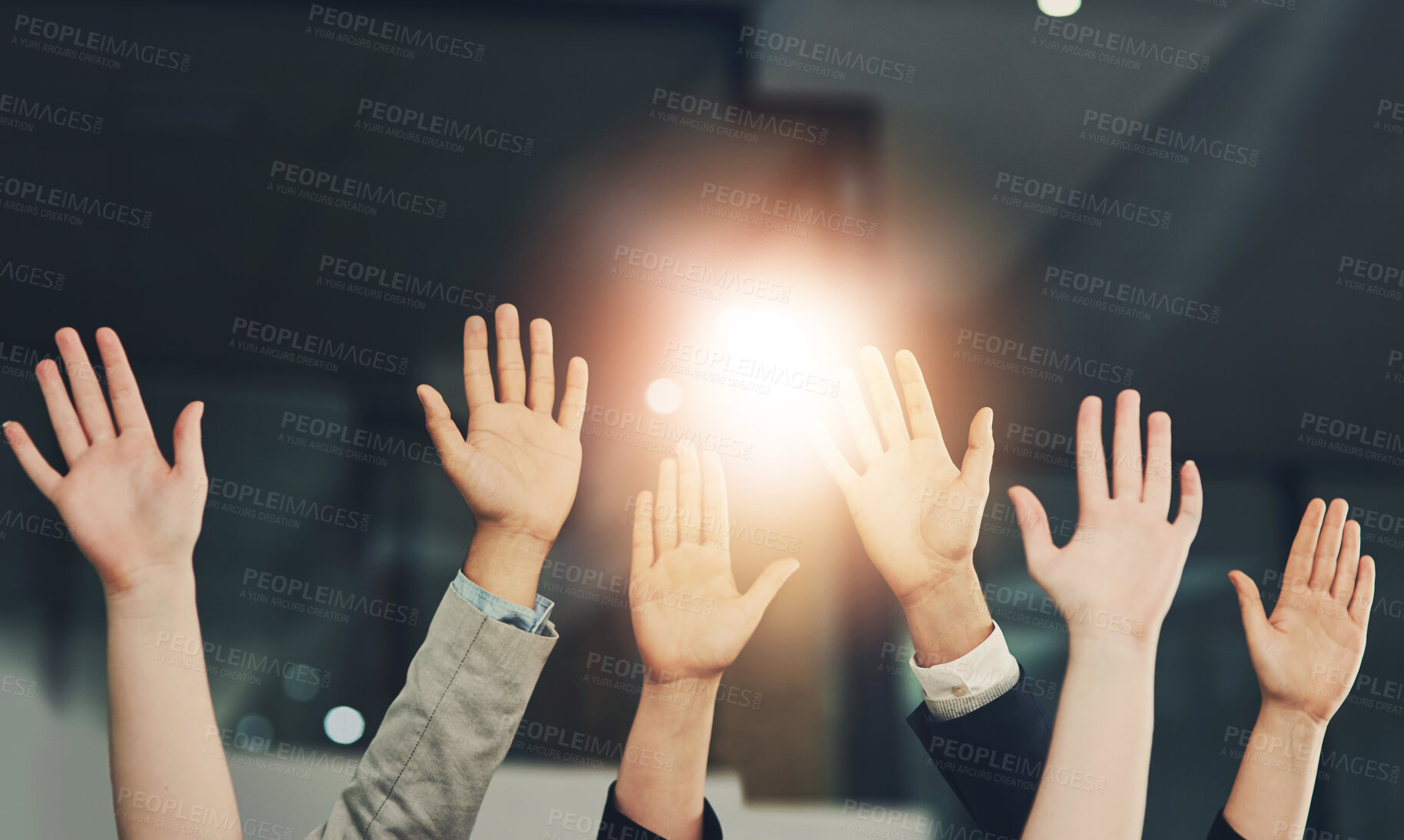 Buy stock photo Palm, hands and group of business people with question for feedback in presentation, workshop and tradeshow. Corporate office, audience and workers raising hand for seminar, meeting and conference