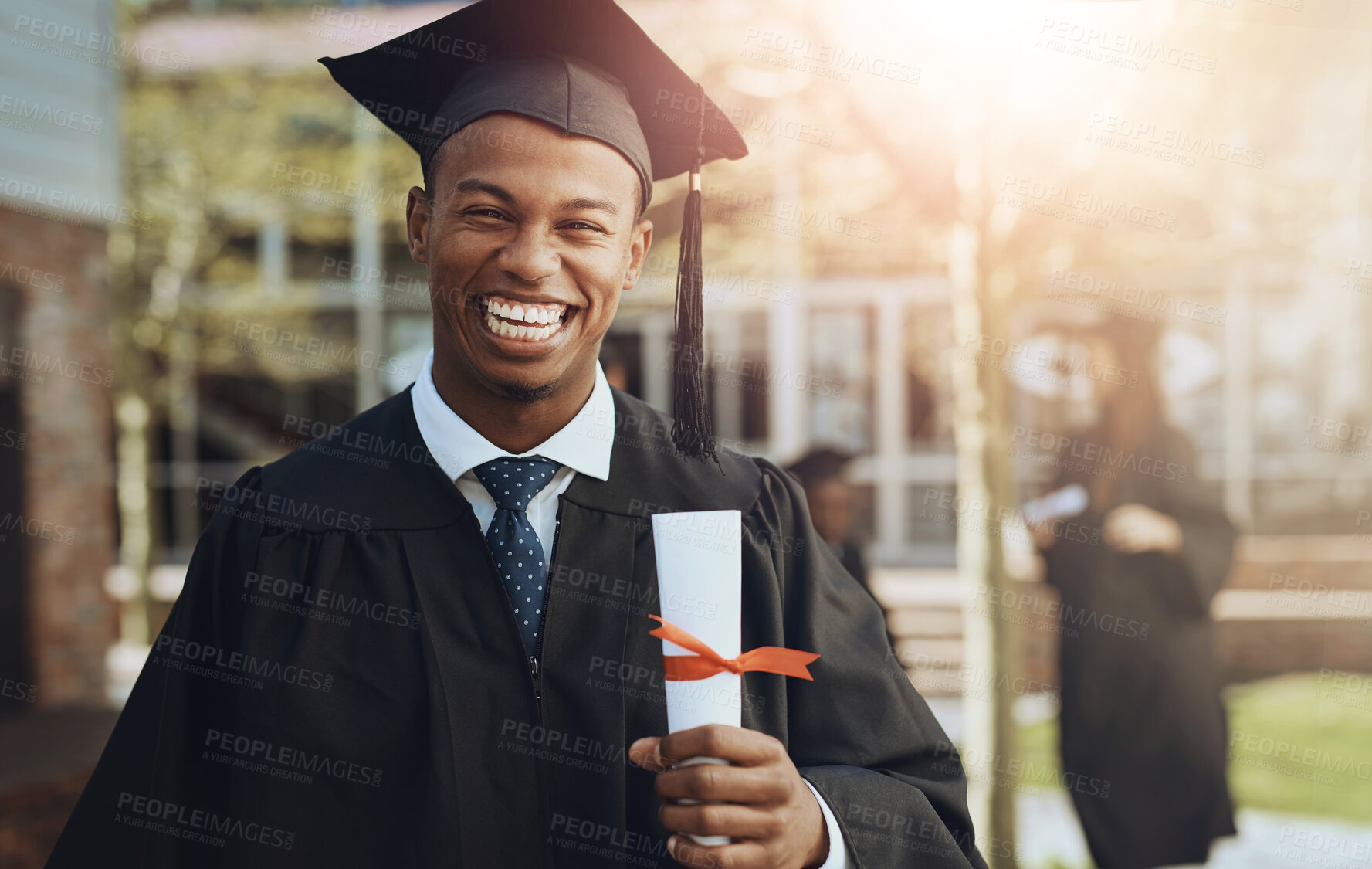 Buy stock photo Happy man, portrait and graduation with certificate for qualification, diploma or degree at university. Excited male person, student or graduate with smile for milestone, achievement or scholarship