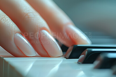 Hands, piano key and playing in closeup with learning for musician with person, skill or talent with elegant. Pianist, art and beautiful music with creative for artistic with performance for song