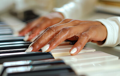 Hands, piano keys and woman playing in closeup with music with person, skill or talent with glow. Gospel, art and entertainment with creative with organ for performance with for hobby with song