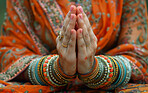 Hands, hope and prayer with Muslim person at mosque closeup for culture, tradition or belief in Allah. Islam, faith or worship with devoted Arab adult praying to god for miracle, praise or trust