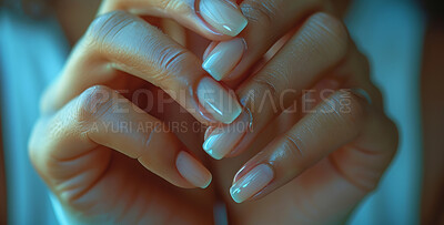 Hands, manicure and nail polish with beauty, woman and cosmetics with spa treatment and grooming. Closeup, person or girl with skincare, makeup and moisturizer glow with shine, product or dermatology