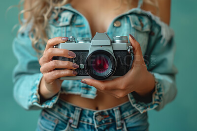 Hands, retro camera and photography with studio, closeup and creative hobby with lens. Woman, photographer and vintage aesthetic for gossip newspaper, paparazzi or journalist for vacation or art blog