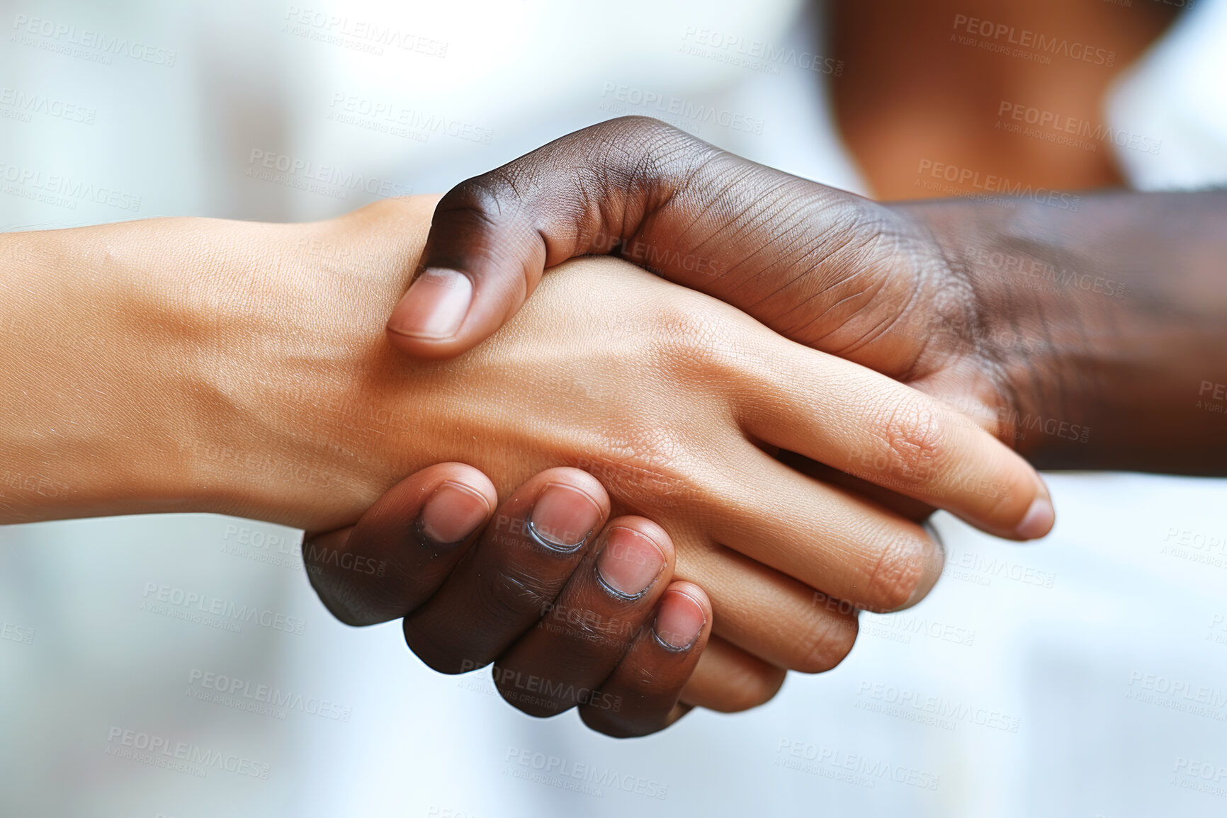 Buy stock photo Support, meeting and handshake for trust, agreement or deal for partnership and teamwork. Solidarity, greeting and introduction or thank you, welcome with people shaking hands for equality or goal
