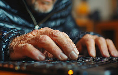 Home, laptop and elderly man with hand on keyboard for online news, website or life insurance. Tech, house and closeup of senior person with typing for policy update, investment research and planning