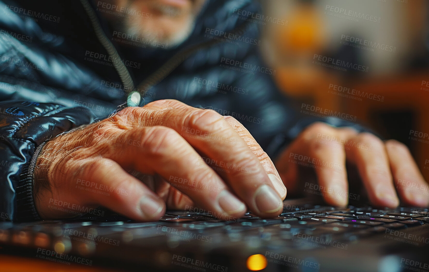 Buy stock photo Home, laptop and elderly man with hand on keyboard for online news, website or life insurance. Tech, house and closeup of senior person with typing for policy update, investment research and planning