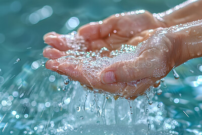 Hands, hydration and water with person cleaning closeup for hygiene, sustainability or wellness. Fingers, pure and skin with palms of adult in body or pool of liquid for health, skincare or washing