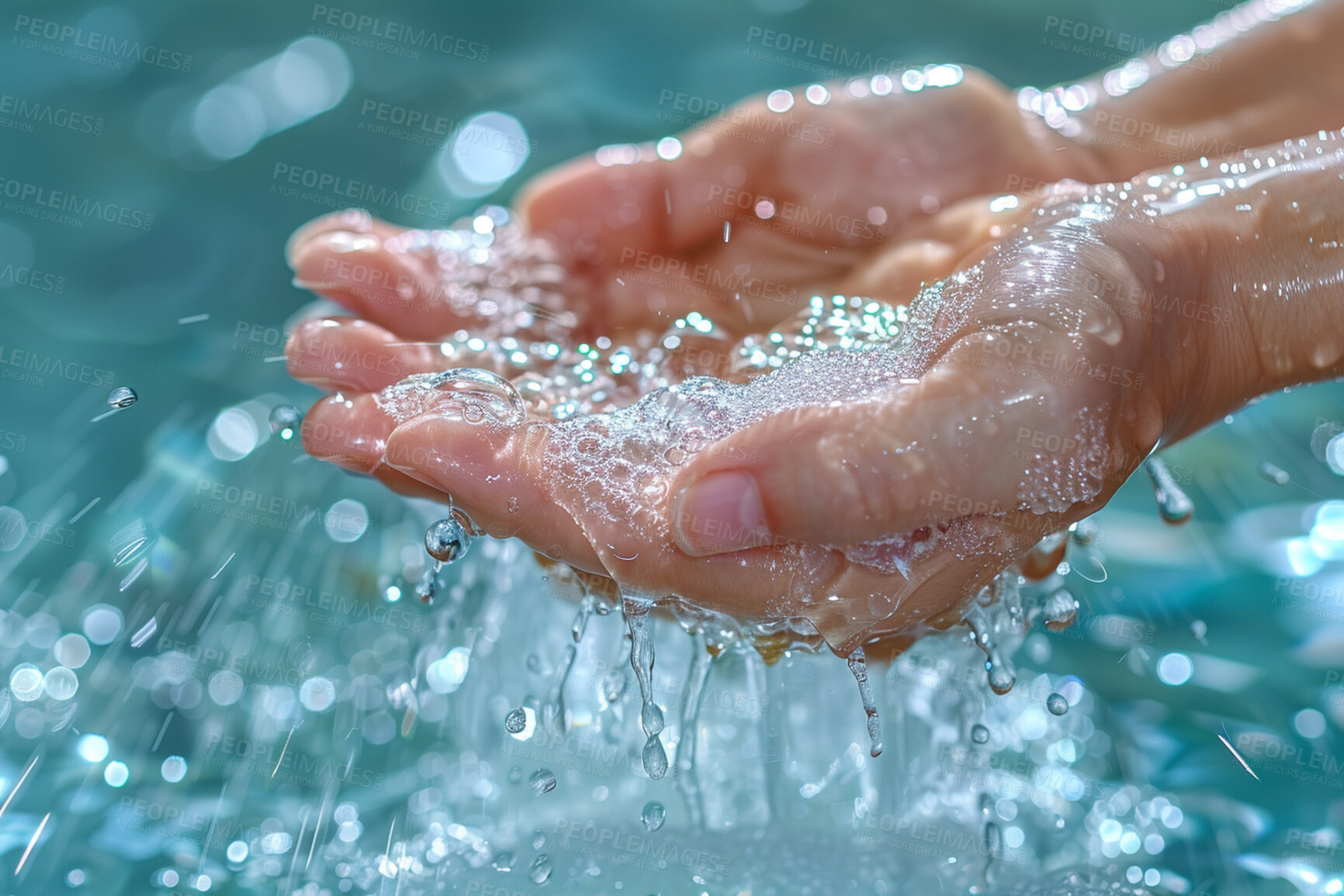 Buy stock photo Hands, hydration and water with person cleaning closeup for hygiene, sustainability or wellness. Fingers, pure and skin with palms of adult in body or pool of liquid for health, skincare or washing