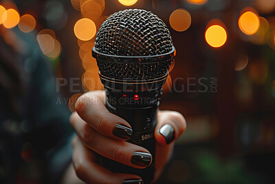 Hand, bokeh and closeup microphone for music recording, singer and speech in studio. Nails, artist and performance with sound, audio and voice for concert, karaoke and media broadcast event on stage