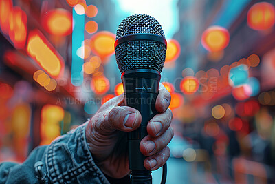 Hand, bokeh and closeup microphone for audio recording, singer and speech in studio. Nails, artist and performance with sound, music and voice for concert, karaoke and media broadcast event on stage