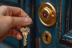 Key, lock and hand of person at door by home for security, safety or protection to townhouse. Landlord, mortgage and woman opening entrance at new residential apartment for access or entry at estate.