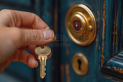 Key, lock and hand of person at door by home for security, safety or protection to townhouse. Landlord, mortgage and woman opening entrance at new residential apartment for access or entry at estate.