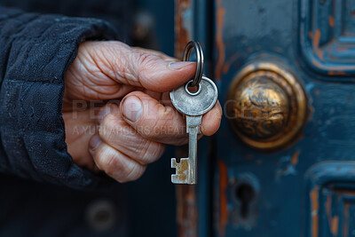 Hand, door and elderly person with key for safety, security or property investment in retirement. Real estate, mortgage or senior citizen at house with lock for privacy, independence or home access.