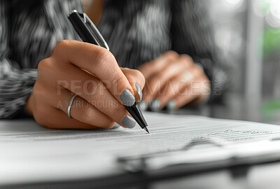 Person, hand and read contract paper with pen for sales or contractor agreement and confidentiality terms. Woman, signature or mark legal document for lease, purchase order and non disclosure promise