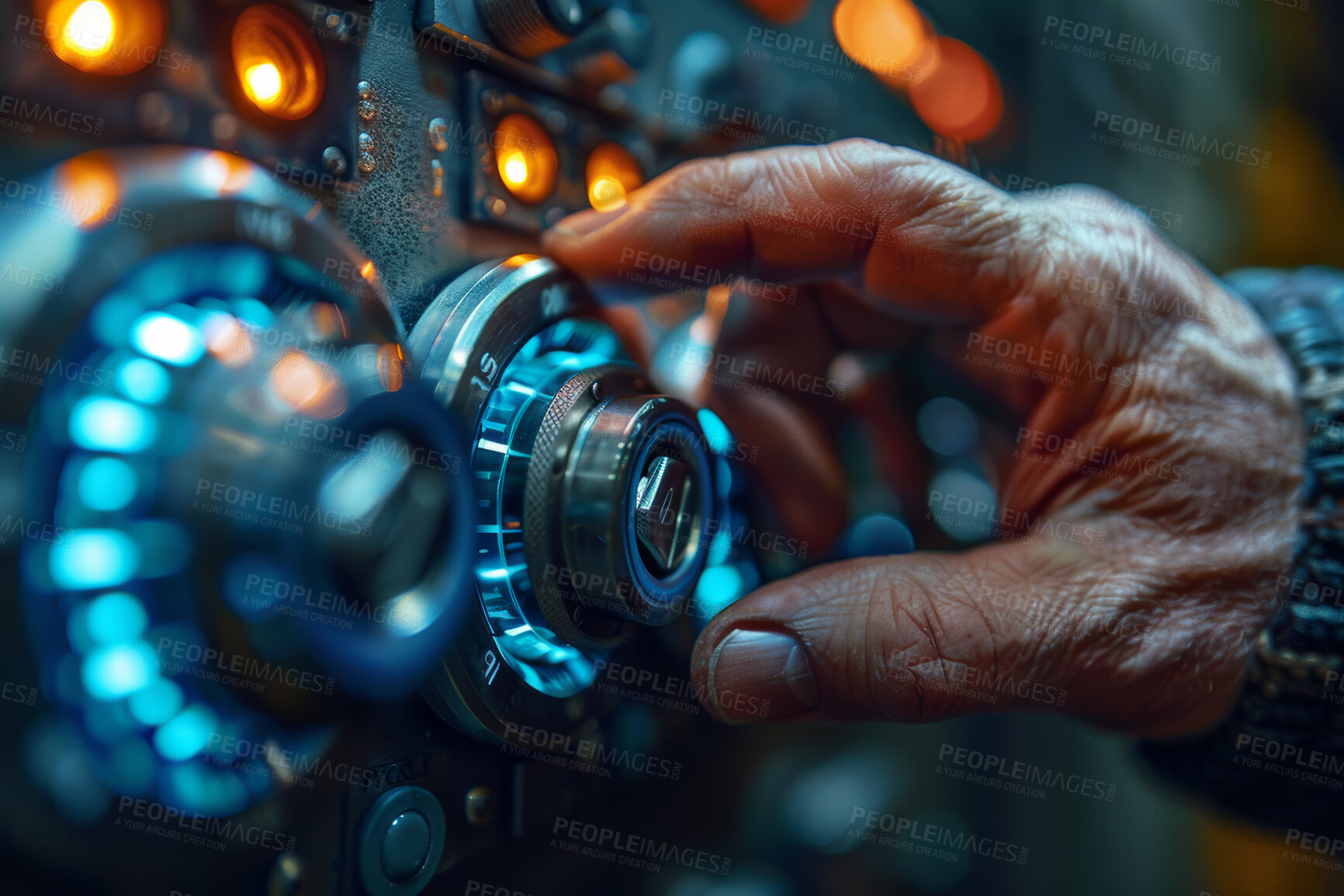 Buy stock photo Combination safe, future lock and hand with person turning dial to unlock secure storage closeup. Innovation, security and technology with adult locking vault for encryption, password or safety