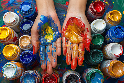 Person, hands and paint as creative as top view or colorful expression for art therapy, talent or small business. Fingers, messy and handcraft or craft career as handmade creation, hobby or skill