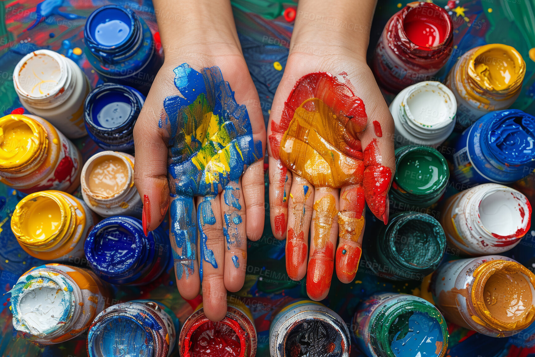 Buy stock photo Person, hands and paint as creative as top view or colorful expression for art therapy, talent or small business. Fingers, messy and handcraft or craft career as handmade creation, hobby or skill