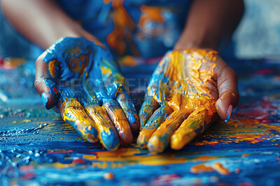Color, paint and person with hands, artist and creativity with art deco, wet and showing with playing. Abstract, human and designer with palm, vibrant and vivid with student, bright and presentation