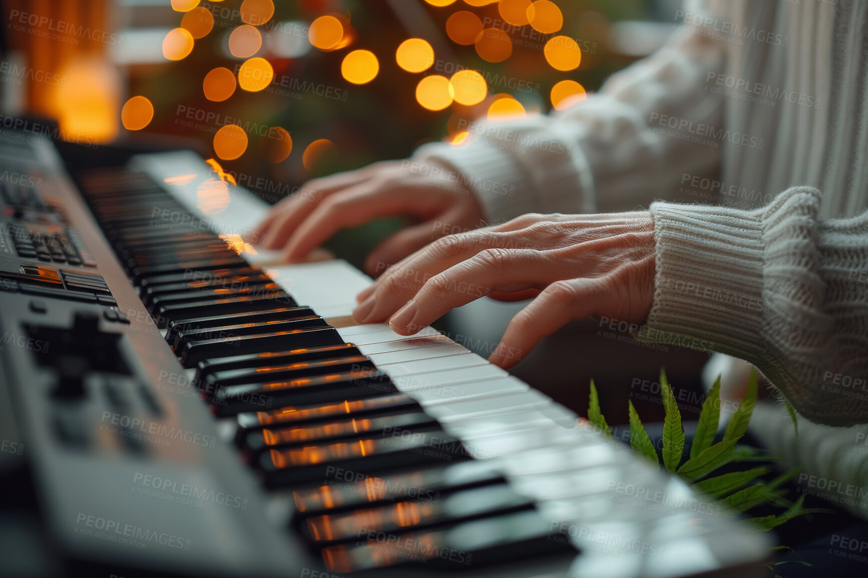 Buy stock photo Hands, piano keyboard and person with instrument, talent and music with creativity, audio performance or sound artist. Musician, recording studio or fingers with entertainment, closeup or band player