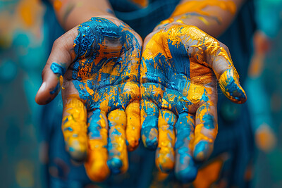 Color, painter and person hands, artist and playing with art deco, wet and bright with fun, present and student. Abstract, human and designer with palm, vibrant and vivid with blue, splash or yellow