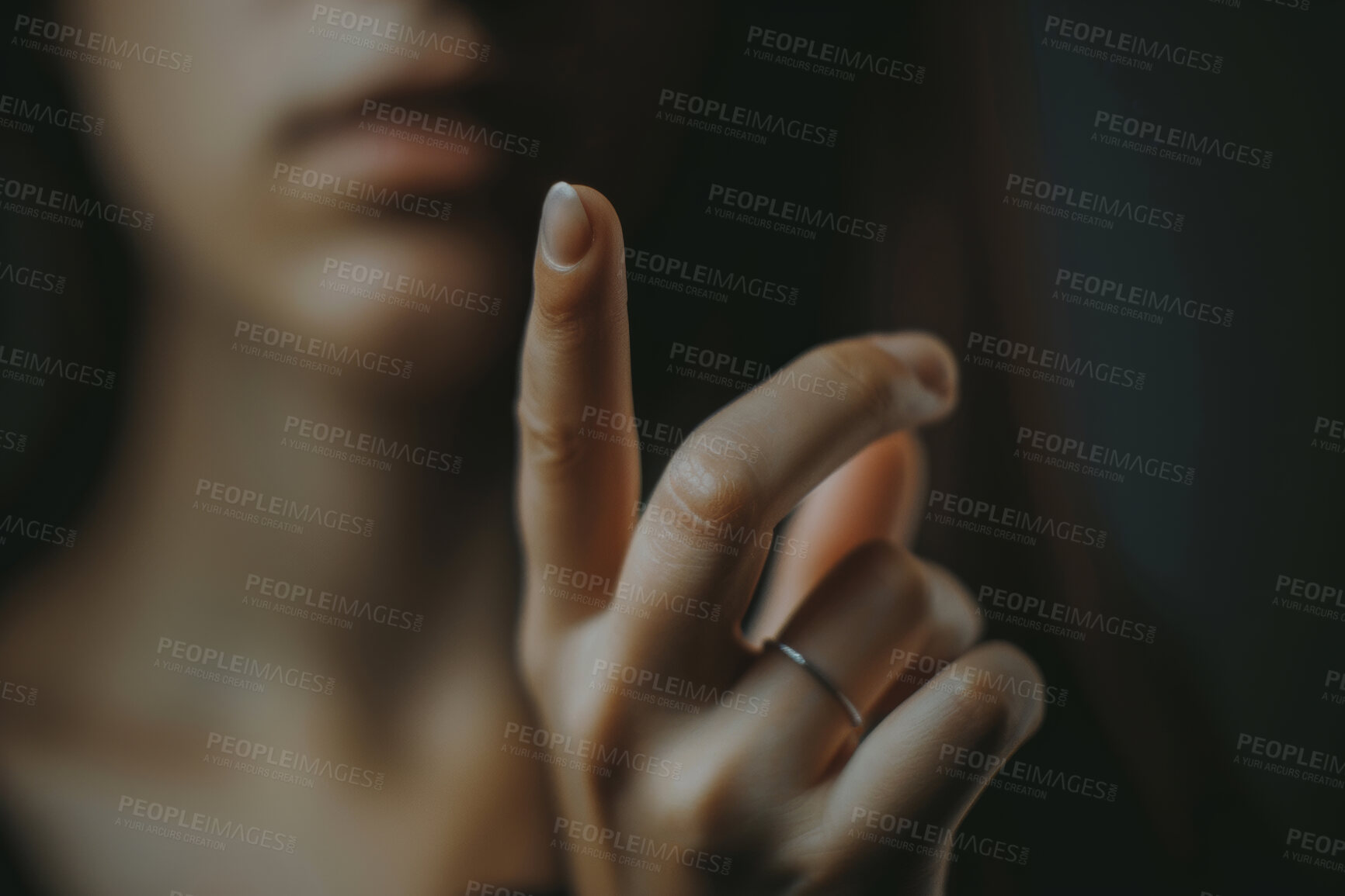 Buy stock photo Hand, closeup and woman with point at you with choice, warning and invitation in dark house. Girl, person and show index finger for decision, symbol or emoji for selection in night at apartment