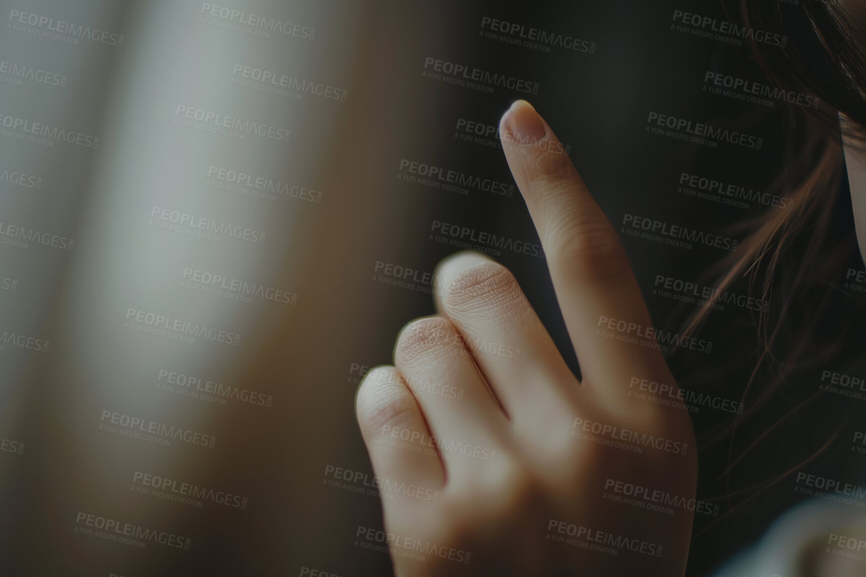 Buy stock photo Finger, warning and gesture of person, hand and advice for no, reject and protest against harassment. Choice, stop and mockup space in background, attention and body language of girl and model