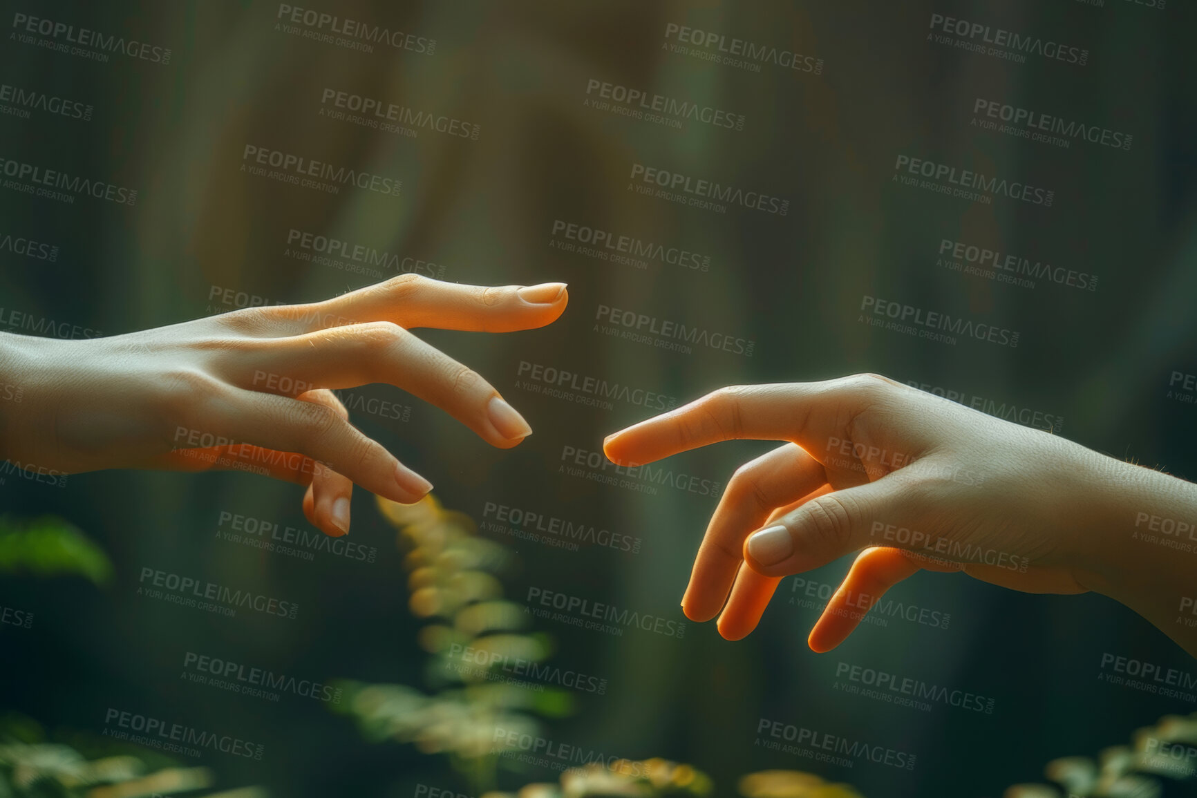 Buy stock photo People, hands and nature with touch for support, care or human interaction in outdoor nature. Closeup of person or friends reaching for love, life or togetherness in wilderness, woods or forest