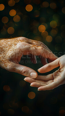 People, hands and fingers connect as closeup on black background as bokeh, light or touching. Person, freckles and community support with comfort together for unity or melasma, solidarity or friends
