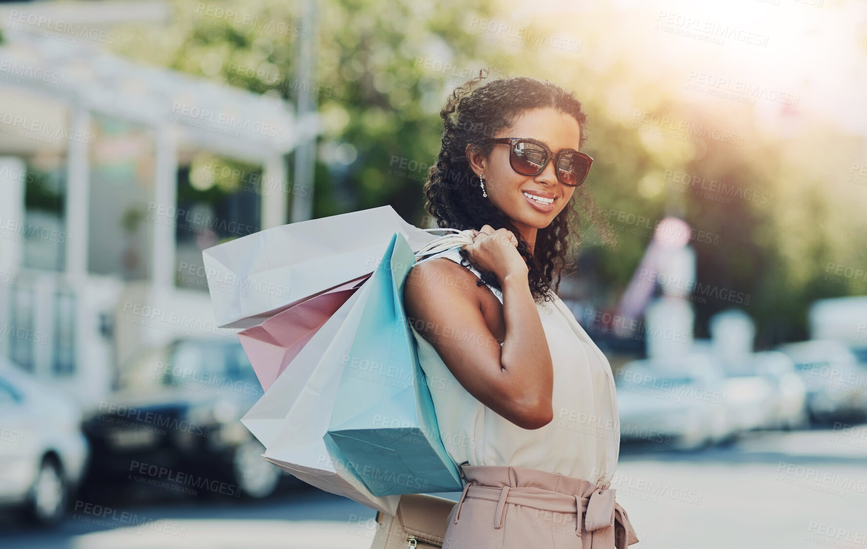 Buy stock photo Woman, portrait and shopping bag walking in city for retail therapy, fashion gift promotion or customer happiness. Discount deal, smile and shopper sale in New York trendy street mall boutique