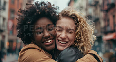 Women, friends and hug in New York city for happy reunion, meeting or adventure for holiday. Face, female people and bonding on street with smile or international travel, journey or vacation