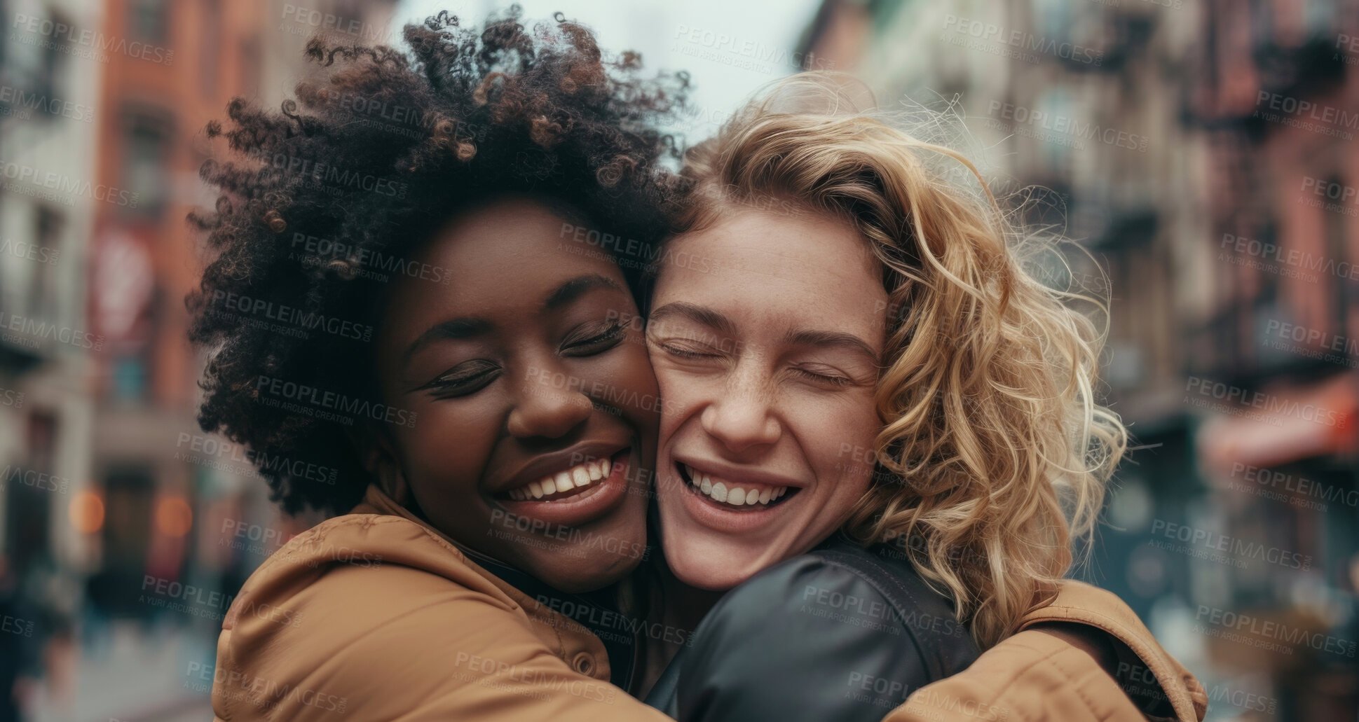 Buy stock photo Women, friends and hug in New York city for happy reunion, meeting or adventure for holiday. Face, female people and bonding on street with smile or international travel, journey or vacation