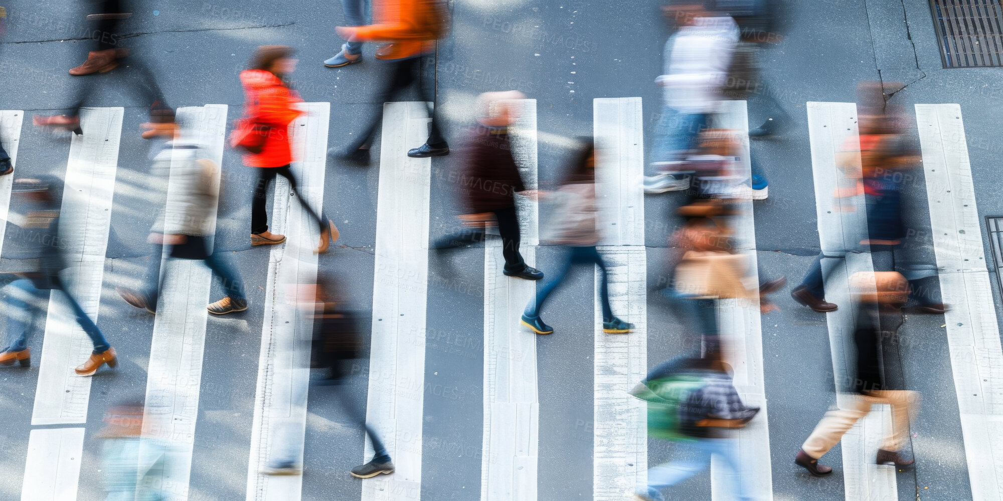 Buy stock photo Crosswalk, motion blur and people in city for morning rush hour commute from above. Hurry, street or travel with man and woman group outdoor in urban town for crossing asphalt road at start of day