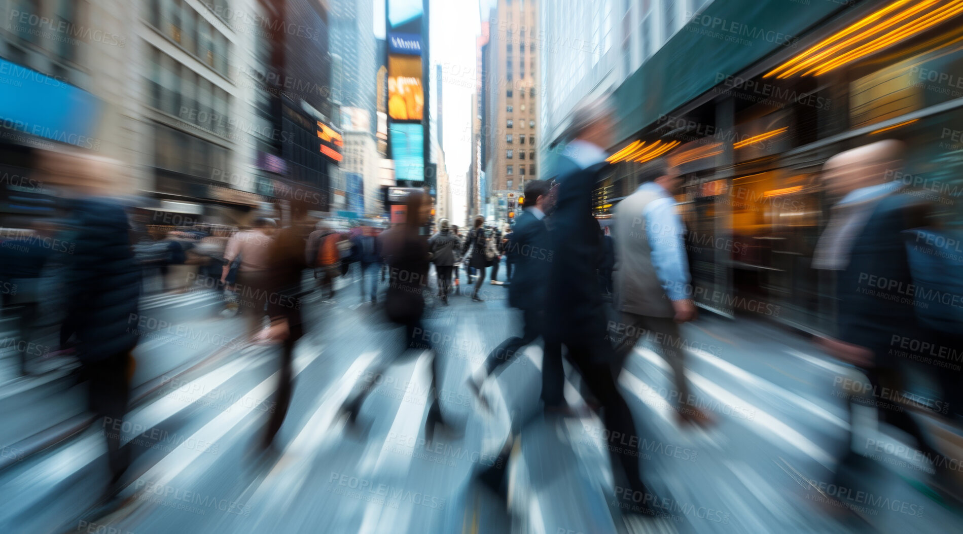 Buy stock photo Crosswalk, motion blur and business people in city for morning rush hour commute to work. Building, road and travel with employee group outdoor in urban town for crossing street at start of day