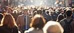 Commute, crowd and people in city for travel on pedestrian road, sidewalk or street at morning rush hour. Demographics, population or society with man and woman group outdoor in urban town for motion