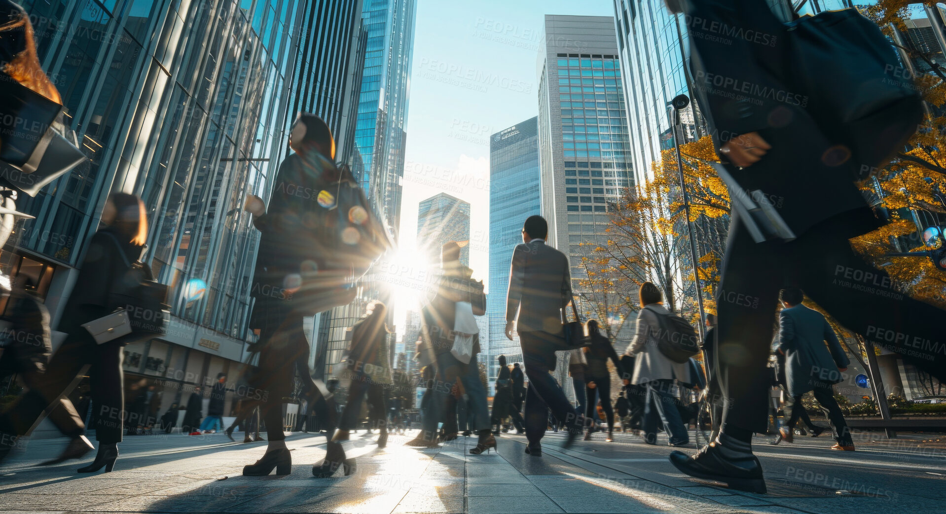 Buy stock photo Crosswalk, flare and business people in city for morning rush hour commute to work. Building, street and travel with corporate employee group outdoor in urban town for crossing road at start of day